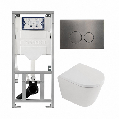 QeramiQ Dely Toiletset - 36.3x51.7cm - diepspoel - rimless - Geberit UP320 inbouwreservoir - softclose toilet zitting - 35mm - gunmetal bedieningsplaat - ronde knoppen - mat wit