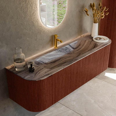 MONDIAZ KURVE-DLUX 150cm badmeubel ronding Links + Rechts kleur Ruby met 1 lade en 2 deuren. Wastafel BIG MEDIUM Midden 1 kraangat Sombra.