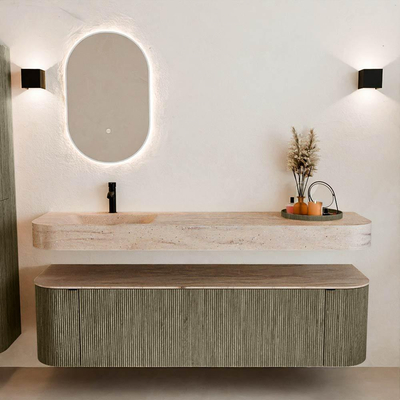 MONDIAZ THOR-DLUX Meuble de salle de bains 170cm arrondi gauche + droite couleur Shadow avec 1 tiroir et 2 portes. Vasque suspendue CLOUD Gauche 1 trou de robinet couleur Saba.