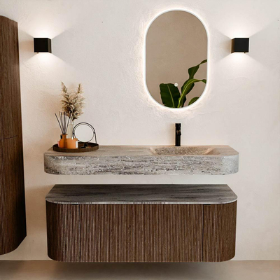 MONDIAZ THOR-DLUX 130cm badmeubel ronding links + rechts kleur Walnut met 1 lade en 2 deuren. Vrijhangende wastafel CLOUD Rechts 1 kraangat kleur Oza.