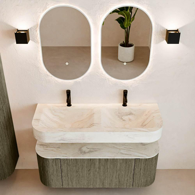 MONDIAZ THOR-DLUX 120cm badmeubel ronding links + rechts kleur Shadow met 1 lade en 2 deuren. Vrijhangende wastafel CLOUD Dubbel 2 kraangaten kleur Ostra.