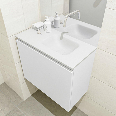 Mondiaz OLAN Meuble lave-mains 60x30x40cm sans trous de robinet 1 tiroir Talc mat avec lavabo LEX Droite Solid Surface Blanc