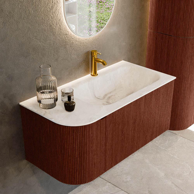 Mondiaz KURVE-DLUX Ensemble meuble de salle de bains - 95x46x40cm - 1 tiroir - 1 porte - lavabo solid surface - droite - 1 trou de robinet - Ruby