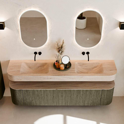 MONDIAZ THOR-DLUX Meuble de salle de bains 190cm arrondi gauche + droite couleur Shadow avec 2 tiroirs et 2 portes. Vasque suspendue CLOUD Double sans trou de robinet couleur Saba.