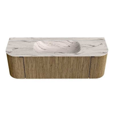 MONDIAZ KURVE-DLUX Meuble de salle de bains 140cm arrondi Gauche + Droite couleur Dusk avec 1 tiroir et 2 portes. Lavabo BIG SMALL Central sans trou de robinet Nata.