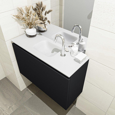 MONDIAZ OLAN Kit lave-mains - 80x30x40cm - 1 trou de robinet - 1 tiroir - mat urbain - lavabo centré - Solid Surface Blanc