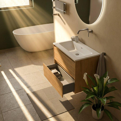 Saniclass Holz Pure Ensemble meuble de salle de bains - 80x45x77.5cm - lavabo Torino en solid surface blanc - sans trou de robinetterie - 2 tiroirs - chêne natural mat (bois)