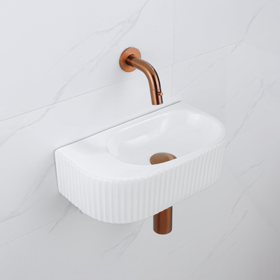 QeramiQ Fuente pack lave-mains – demi-rond – 40 x 21,5 x 12 cm – céramique blanc brillant – sans perçage – cannelé