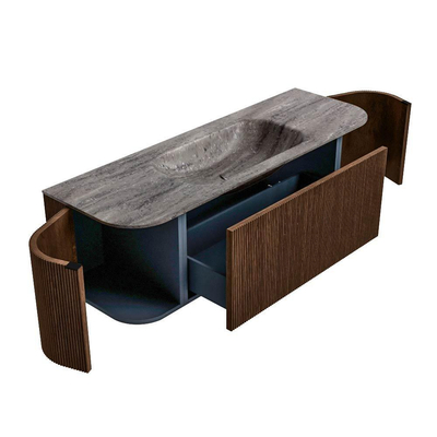 MONDIAZ KURVE-DLUX 140cm badmeubel ronding Links + Rechts kleur Walnut met 1 lade en 2 deuren. Wastafel BIG SMALL Midden zonder kraangat Oza.