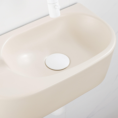 QeramiQ Fuente Ensemble de Lavabo - 40x21.5x12cm - lisse - demi-rond - sans trou pour robinet - céramique - ensemble de robinet blanc mat - bouchon de vidange - siphon abaissé - beige