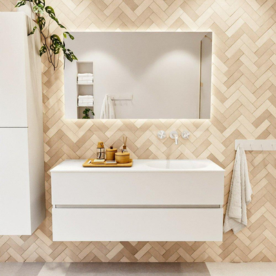 MONDIAZ VICA meuble sous lavabo 120cm Talc 2 tiroirs. Lavabo MOON droit sans trou de robinet, couleur Talc.