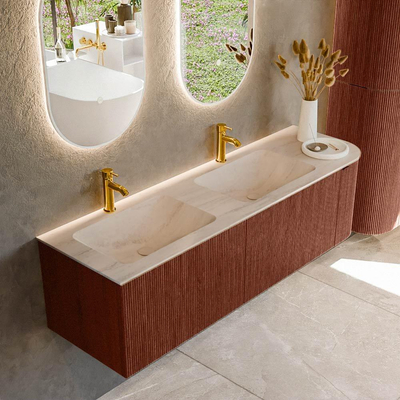 MONDIAZ KURVE-DLUX 155cm meuble de salle de bains arrondi Droit couleur Ruby avec 2 tiroirs et 1 porte. Lavabo LEAF Double / Gauche 2 trous de robinet Meli.