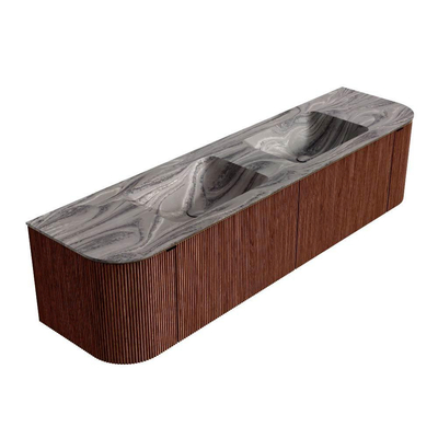 MONDIAZ KURVE-DLUX meuble de salle de bains 180cm arrondi gauche + droite couleur Ruby avec 2 tiroirs et 2 portes. Lavabo LEAF double 2 trous de robinet Sombra.