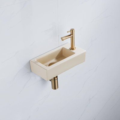 QeramiQ Lave-mains Kit lave-mains - 37.5x18.5x9cm - céramique - trou de robinet à droite - robinet lave-mains en laiton brossé - bonde de vidage - siphon abaissé - Mat Beige