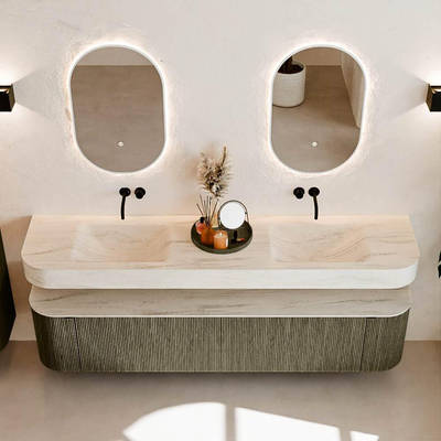 MONDIAZ THOR-DLUX 200cm meuble de salle de bains arrondi gauche + droite couleur Shadow avec 2 tiroirs et 2 portes. Vasque suspendue CLOUD Double sans trou de robinet couleur Meli.