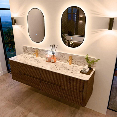 Mondiaz CIRO-DLUX Badkamermeubelset - 180x45x50cm - Solid surface wastafel Glace - 2 wasbak Dubbel - 2 kraangaten - 4 lades - Dusk