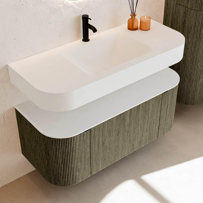 MONDIAZ THOR Meuble de salle de bains 110cm arrondi gauche + droite couleur Shadow avec 1 tiroir et 2 portes. Vasque suspendue CLOUD Milieu 1 trou de robinet couleur Talc.