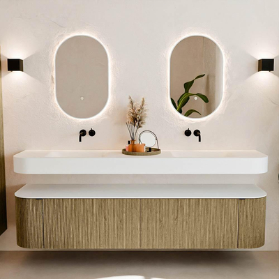 MONDIAZ THOR 200cm meuble de salle de bains arrondi gauche + droite couleur Dusk avec 2 tiroirs et 2 portes. Vasque suspendue CLOUD Double sans trou de robinet couleur Talc.