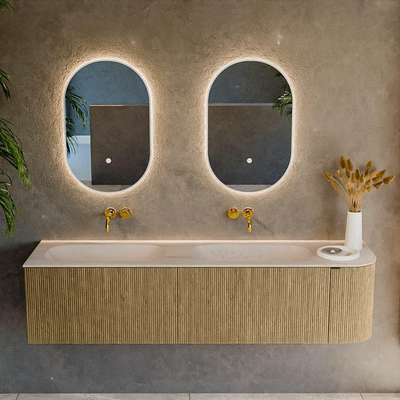 MONDIAZ KURVE-DLUX 175cm meuble de salle de bains arrondi Droite couleur Dusk avec 2 tiroirs et 1 porte. Lavabo STOR SMALL Double / Gauche sans trou de robinet Meli.