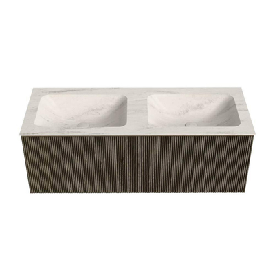 MONDIAZ KURVE-DLUX Meuble de salle de bains 120cm couleur Shadow avec 1 tiroir et 0 porte. Lavabo LEAF Double sans trou de robinet Meli.