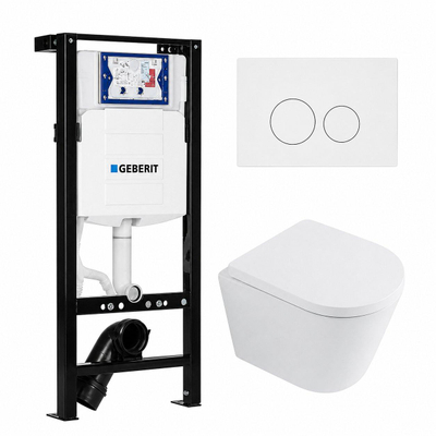QeramiQ Dely Toiletset - 36.3x51.7cm - diepspoel - rimless - Geberit UP320 plieger inbouwreservoir - softclose toilet zitting - 35mm - glans witte bedieningsplaat - ronde knoppen - mat wit