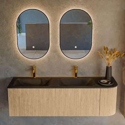 MONDIAZ KURVE 145cm Meuble salle de bain avec module 25 D - couleur Oak - 1 tiroir - 1 porte - vasque CLOUD double / gauche - 2 trous de robinet - Urban