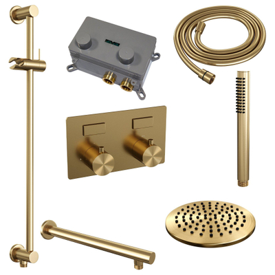 Brauer Gold Edition douche thermostatique pluie encastrée bouton poussoir set 61 20cm pommeau de douche droit bras mural barre de douche à main flexible coulissant intégré pvd brossé doré