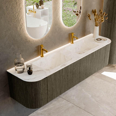 Mondiaz KURVE-DLUX Badkamermeubelset - 180x46x40cm - 2 lade - 2 deuren - wastafel solid surface - dubbel - 2 kraangaten - Shadow