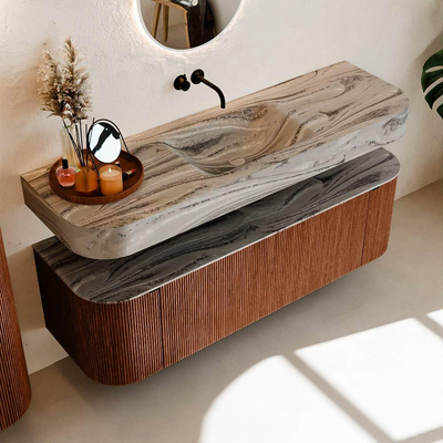 MONDIAZ THOR-DLUX 150cm meuble de salle de bains arrondi gauche + droite couleur Ruby avec 1 tiroir et 2 portes. Vasque suspendue CLOUD Centre sans trou de robinet couleur Sombra.