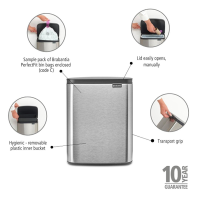 Brabantia Bo Afvalemmer - 12 liter - kunstof binnenemmer - matt steel fingerprint proof