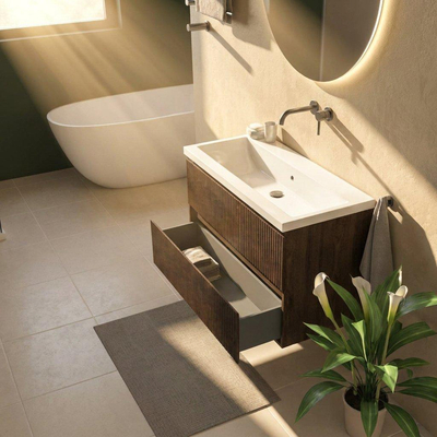 Saniclass Holz Atelier Ensemble de meubles de salle de bains - 100x45x63.5cm - lavabo en céramique Bari blanc - 1 vasque - sans trou de robinet - 2 tiroirs - chêne charcoal mat (bois)