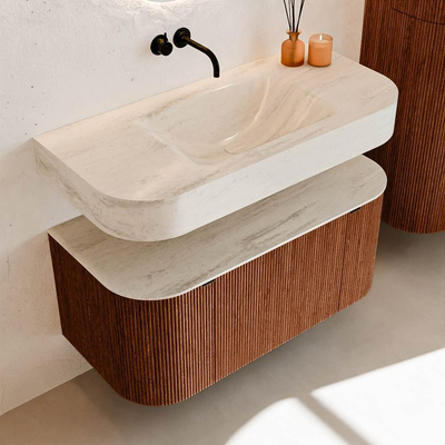 MONDIAZ THOR-DLUX 100cm meuble de salle de bains arrondi gauche + droite couleur Ruby avec 1 tiroir et 2 portes. Vasque suspendue CLOUD Milieu sans trou de robinet couleur Meli.