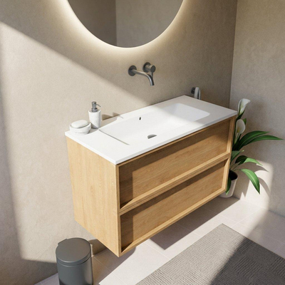 Saniclass Holz Frame Ensemble de meubles de salle de bains - 100x45x77.5cm - lavabo Torino en solid surface blanc - sans trou de robinet - 2 tiroirs - chêne natural mat (bois)