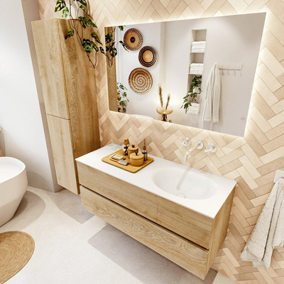 MONDIAZ VICA 120cm badmeubel onderkast Washed Oak 2 lades. Wastafel MOON rechts zonder kraangat, kleur Talc.