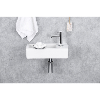 Differnz Helios pack lave-mains – 37,5 x 18,5 x 9,5 cm – céramique blanche – perçage à droite – robinet droit chromé