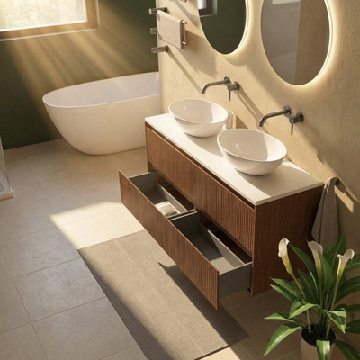 Saniclass Holz Atelier Ensemble de meubles de salle de bains - 140x45x62.5cm - Plan Torino en solid surface blanc - sans trou de robinetterie - 4 tiroirs - walnut pure mat (bois)
