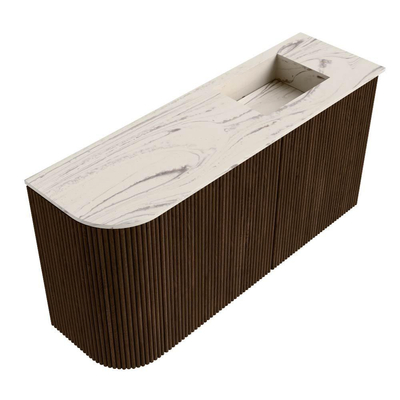 Mondiaz JOYA-DLUX Meuble de toilette 81,6cm - arrondi gauche couleur Noyer - Vasque FAYE position Droite 1 trou de robinet couleur Nata