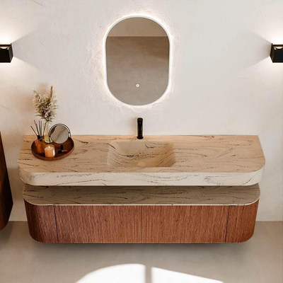 MONDIAZ THOR-DLUX 180cm meuble de salle de bains arrondi gauche + droite couleur Ruby avec 2 tiroirs et 2 portes. Vasque suspendue CLOUD Milieu 1 trou de robinet couleur Arena.