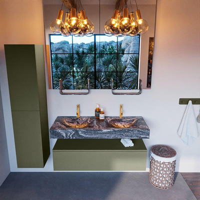 Mondiaz ALAN-DLUX Ensemble de meuble - 120cm - meuble Army mat - 1 tiroir - Lavabo Cloud Lava suspendu - vasque Gauche et droite - 2 trous de robinet