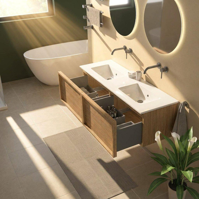Saniclass Holz Frame Ensemble meuble de salle de bains - 140x45x42cm - lavabo Vygo en céramique blanc - 2 cuves - sans trous de robinetterie - 2 tiroirs - chêne naturel brillant (bois)