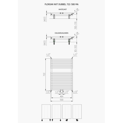Plieger Florian Nxt M designradiator dubbel horizontaal met middenaansluiting 722x500mm 505W wit