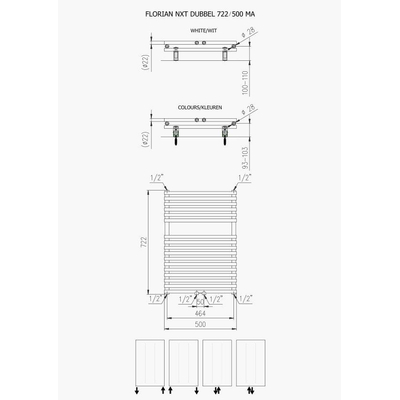 Plieger Florian Nxt Radiateur design double horizontal 72.2x50cm 505W connexion au centre blanc