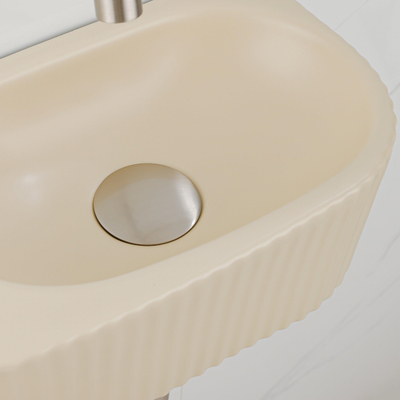 QeramiQ Fuente fonteinset – halfrond – 40x21.5x12 cm – keramiek beige – kraan geborsteld RVS – geribbeld