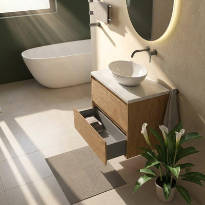 Saniclass Holz Pure Ensemble meuble de salle de bains - 80x45x63cm - Plan vasque en marbre Dia poli (blanc) - sans trou de robinet - 2 tiroirs - chêne natural mat (bois)