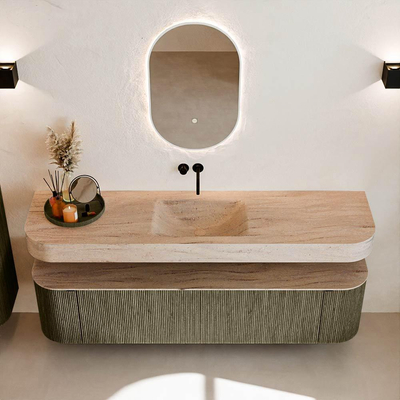 MONDIAZ THOR-DLUX 180cm meuble de salle de bains arrondi gauche + droite couleur Shadow avec 2 tiroirs et 2 portes. Vasque suspendue CLOUD Milieu sans trou de robinet couleur Saba.