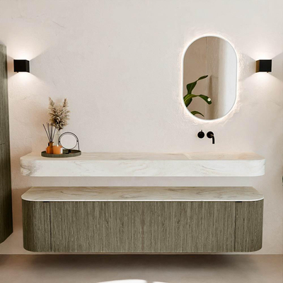 MONDIAZ THOR-DLUX 190cm meuble de salle de bains arrondi gauche + droite couleur Shadow avec 2 tiroirs et 2 portes. Vasque suspendue CLOUD droite sans trou de robinet couleur Ostra.