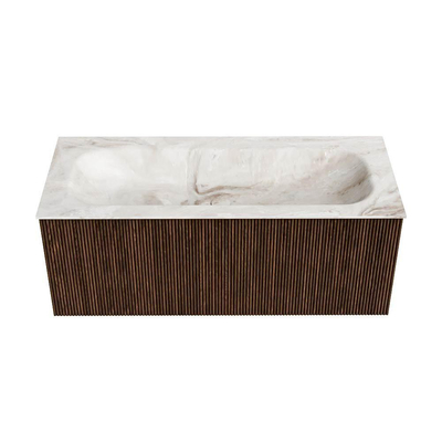 MONDIAZ KURVE-DLUX Meuble de salle de bains 110 cm couleur Walnut avec 1 tiroir. Lavabo BIG MEDIUM central sans trou de robinetterie couleur Frappe.