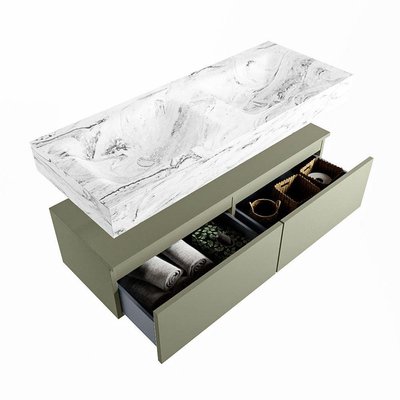 Mondiaz ALAN-DLUX Ensemble de meuble - 120cm - meuble Army mat - 2 tiroirs - Lavabo Cloud Glace suspendu - vasque Gauche et droite - 0 trous de robinet