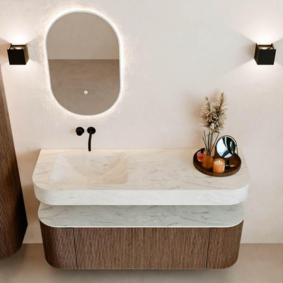 MONDIAZ THOR-DLUX 140cm meuble de salle de bains arrondi gauche + droite couleur Walnut avec 1 tiroir et 2 portes. Vasque suspendue CLOUD gauche sans trou de robinet couleur Opalo.