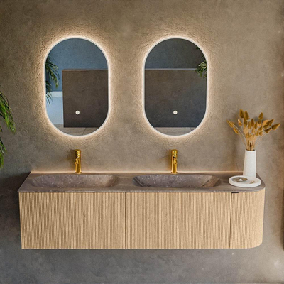 MONDIAZ KURVE-DLUX Meuble de salle de bains 165cm arrondi à droite couleur Chêne avec 2 tiroirs et 1 porte. Lavabo STOR SMALL Double / Gauche 2 trous de robinet Oza.